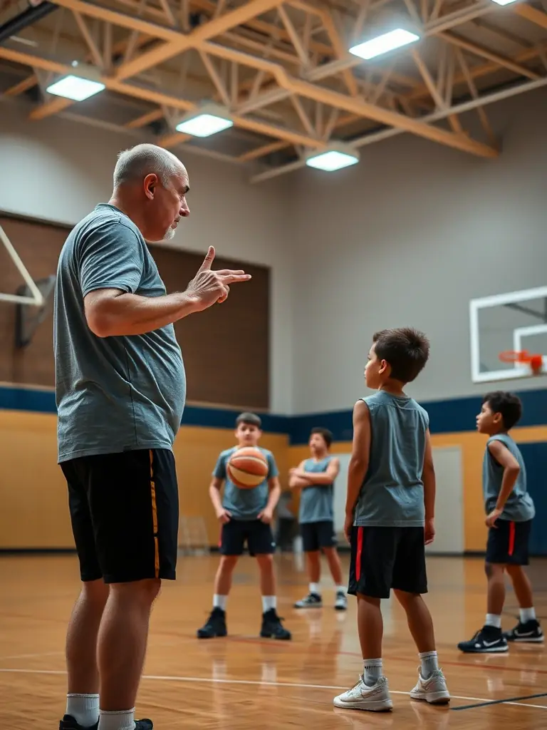 A photo of a basketball training session led by a certified coach from Ligue Sud BB, demonstrating drills and techniques to young players in a gymnasium.