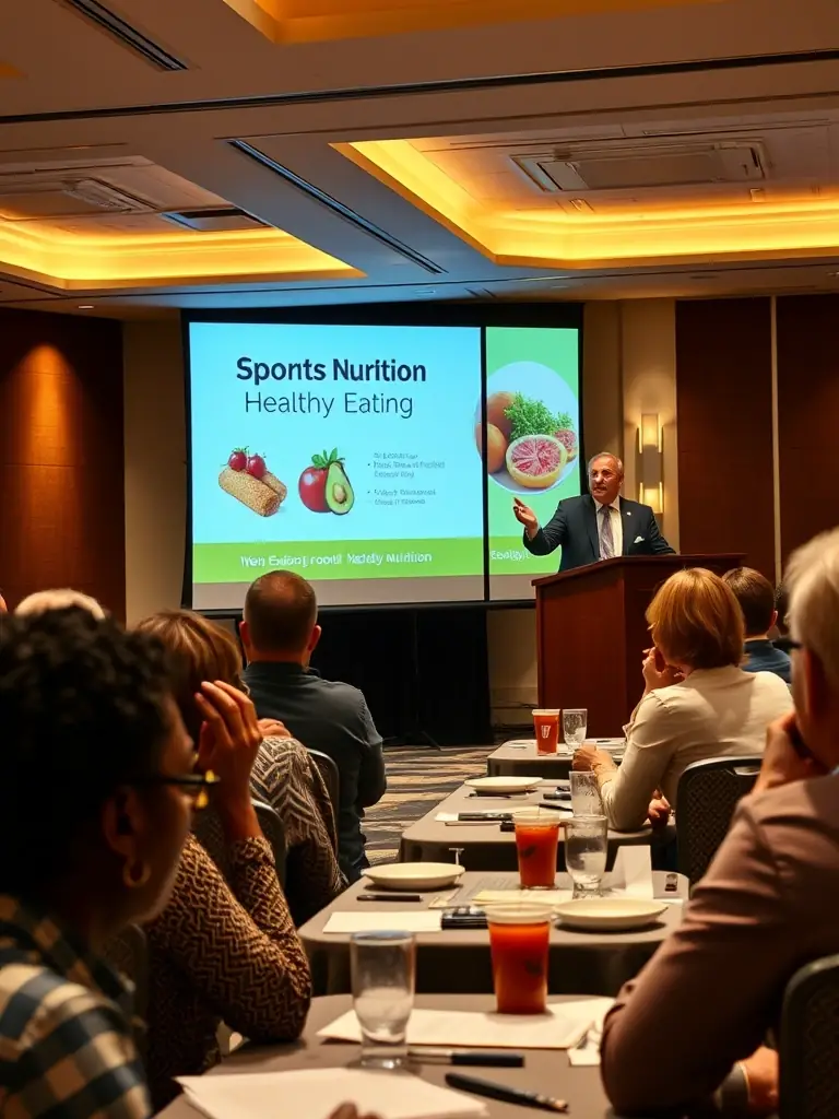 Image of a sports nutrition conference, showing an expert speaker addressing an audience, promoting healthy lifestyles and informed choices.