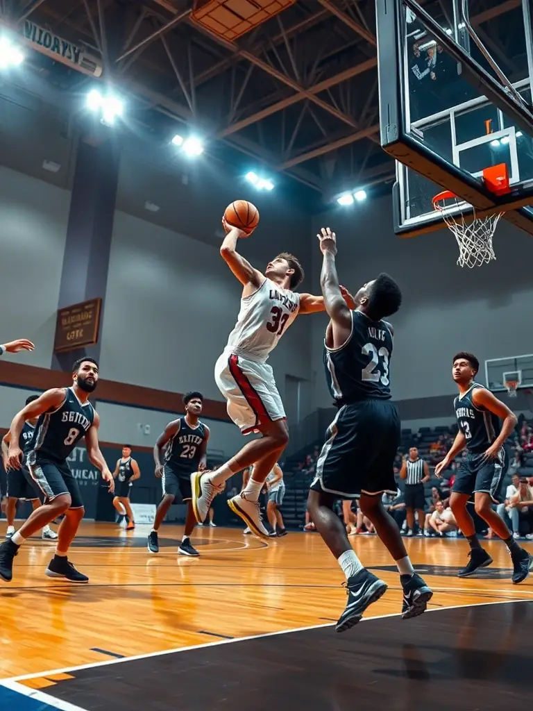 Image of a regional basketball tournament, showcasing players in action, capturing the competitive spirit and teamwork.