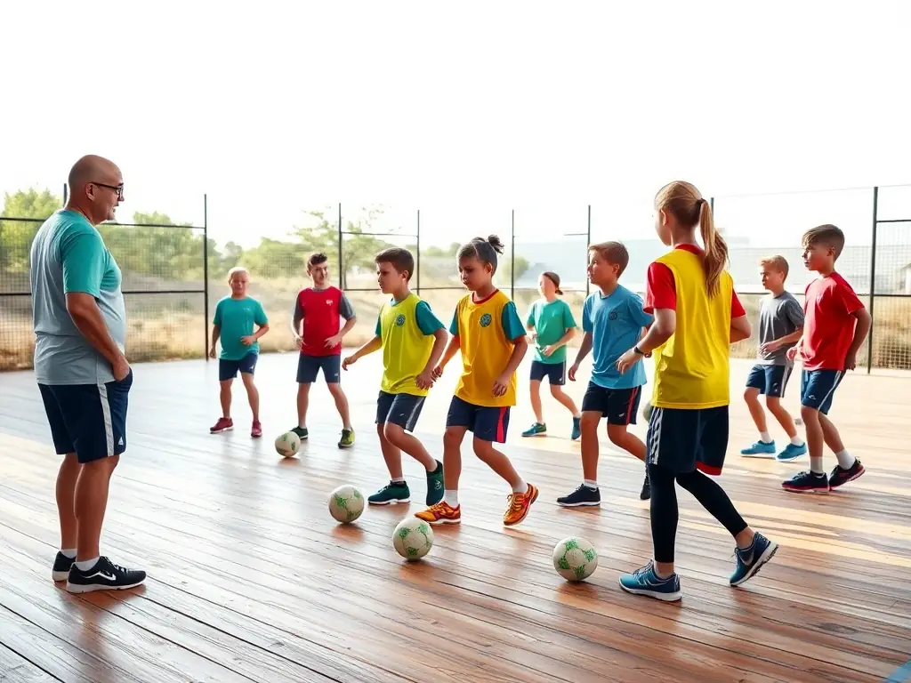 A photo of a group of young people participating in a basketball training camp with a coach on the court, focusing on skill development and teamwork.