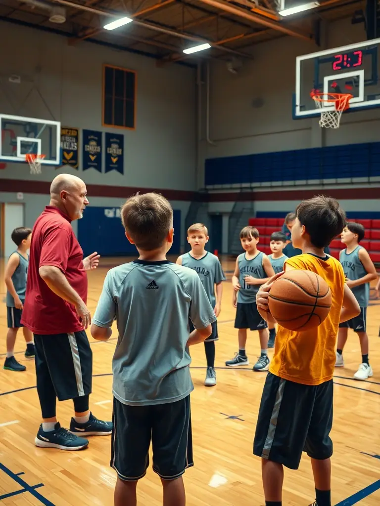 Image of a basketball training session, featuring young players learning from a coach, emphasizing skill development and mentorship.