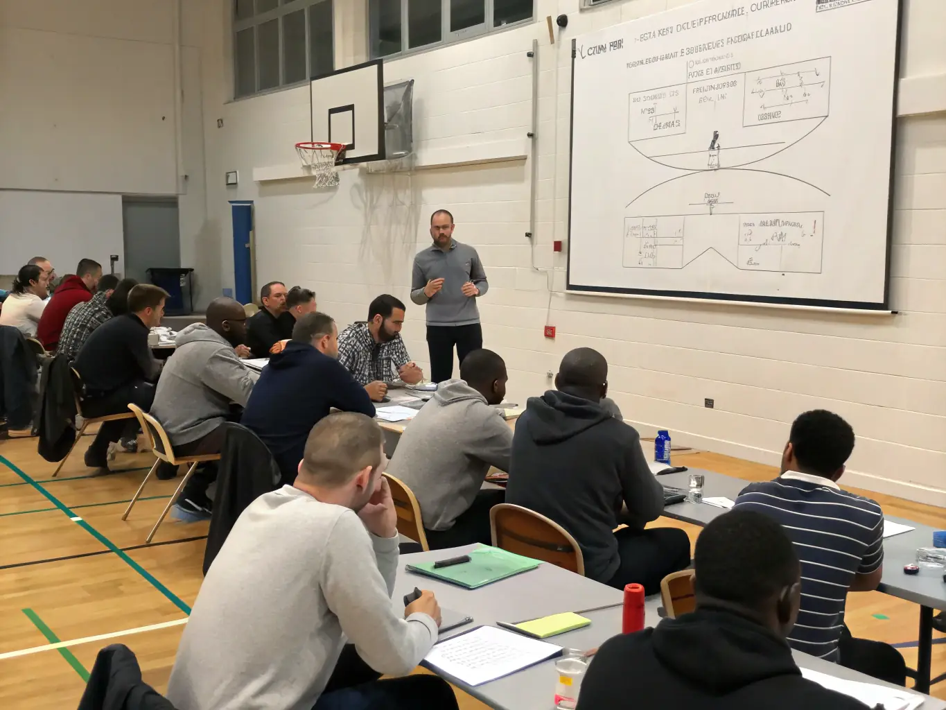An image of a conference with a speaker explaining game strategies to an attentive audience, highlighting the educational aspect of the event.