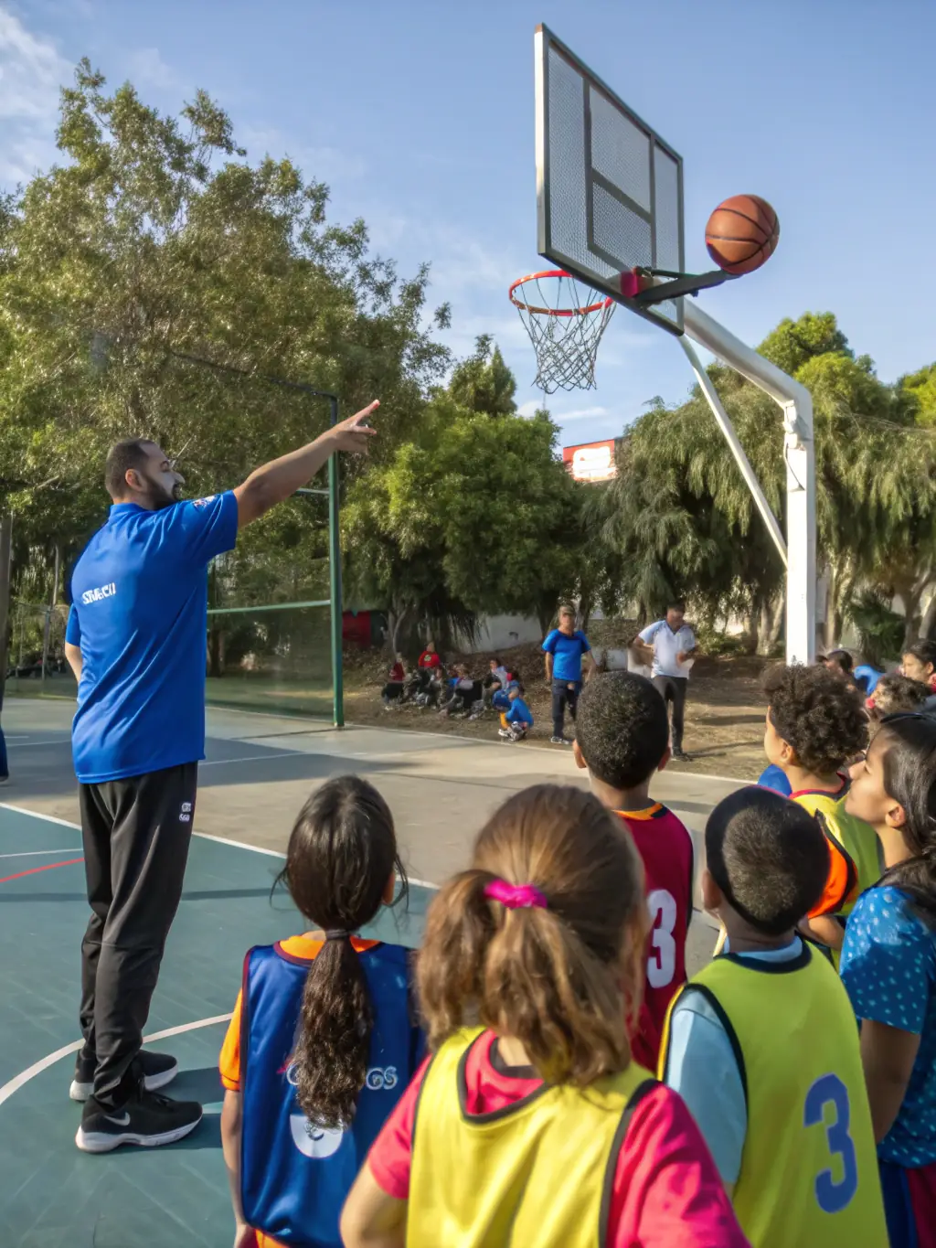 A dynamic image of young basketball players participating in a training session led by a certified coach during a Ligue Sud BB summer camp.