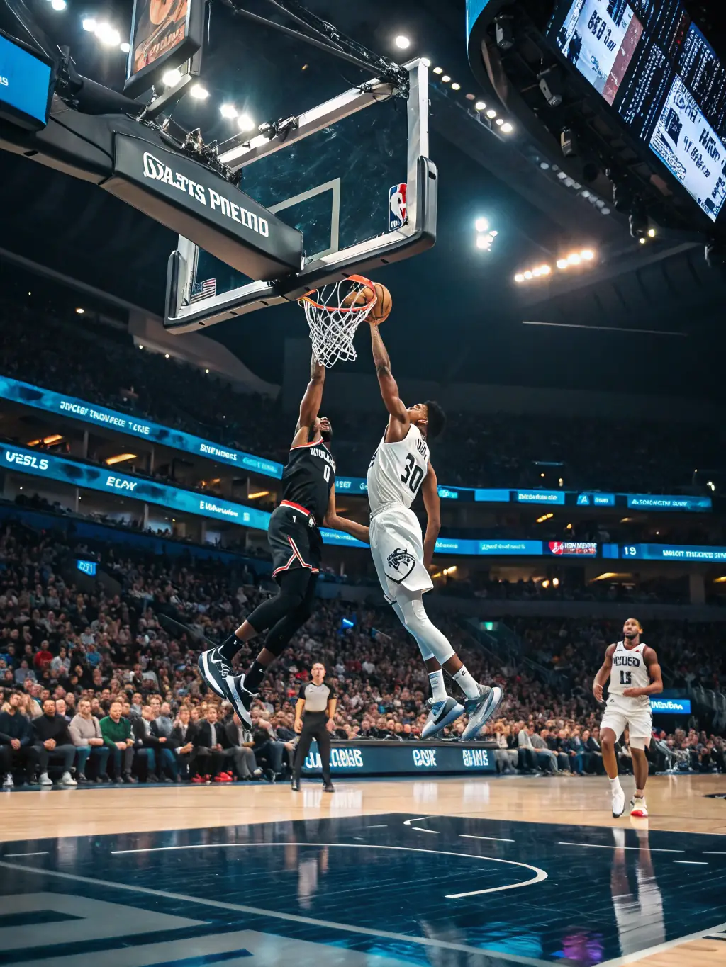 A dynamic action shot of a regional basketball tournament organized by Ligue Sud BB, showcasing players in action, referees officiating, and enthusiastic spectators in the stands.