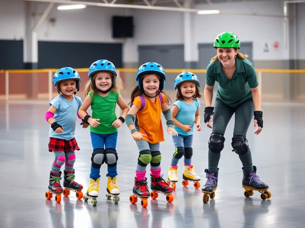 A group of children laughing and learning basic roller skating techniques during a beginner's class at ROLLER SPORTS TROYES, with a focus on safety and fun.