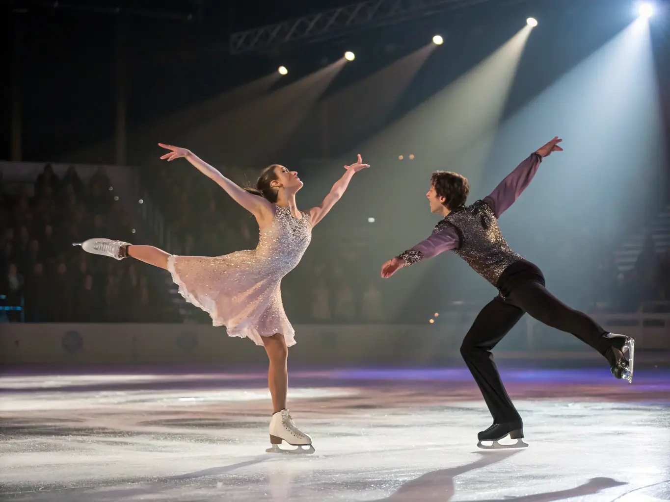 A lively scene of skaters dancing on a lit-up rink with colorful lights and music in the background, showcasing the roller dance and night events at ROLLER SPORTS TROYES.