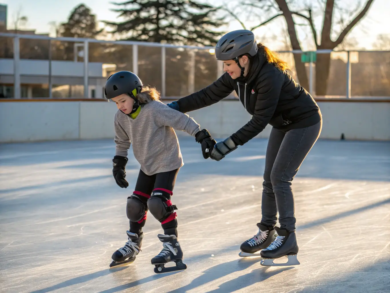 A coach guiding a young skater through a technical maneuver on the rink, illustrating the competitive training and certifications available at ROLLER SPORTS TROYES.