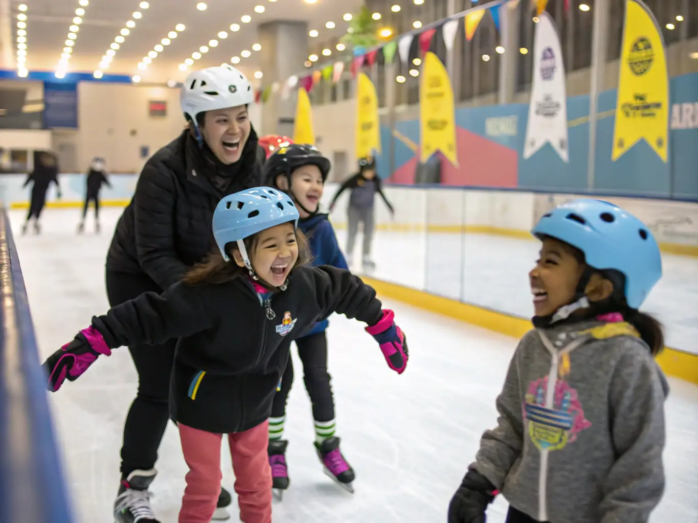 A group of young children learning basic roller skating techniques during a beginner's class at ROLLER SPORTS TROYES, with instructors providing guidance and support.