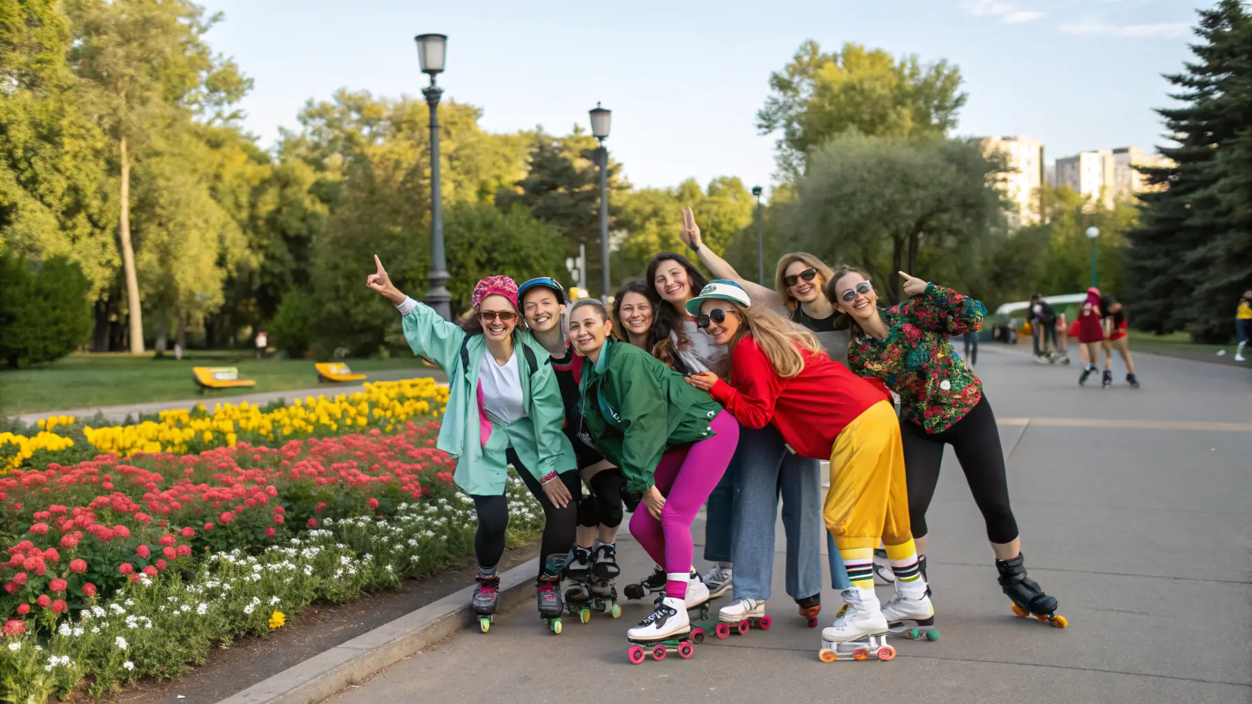 A group of people of different ages roller skating together in a friendly and supportive environment.